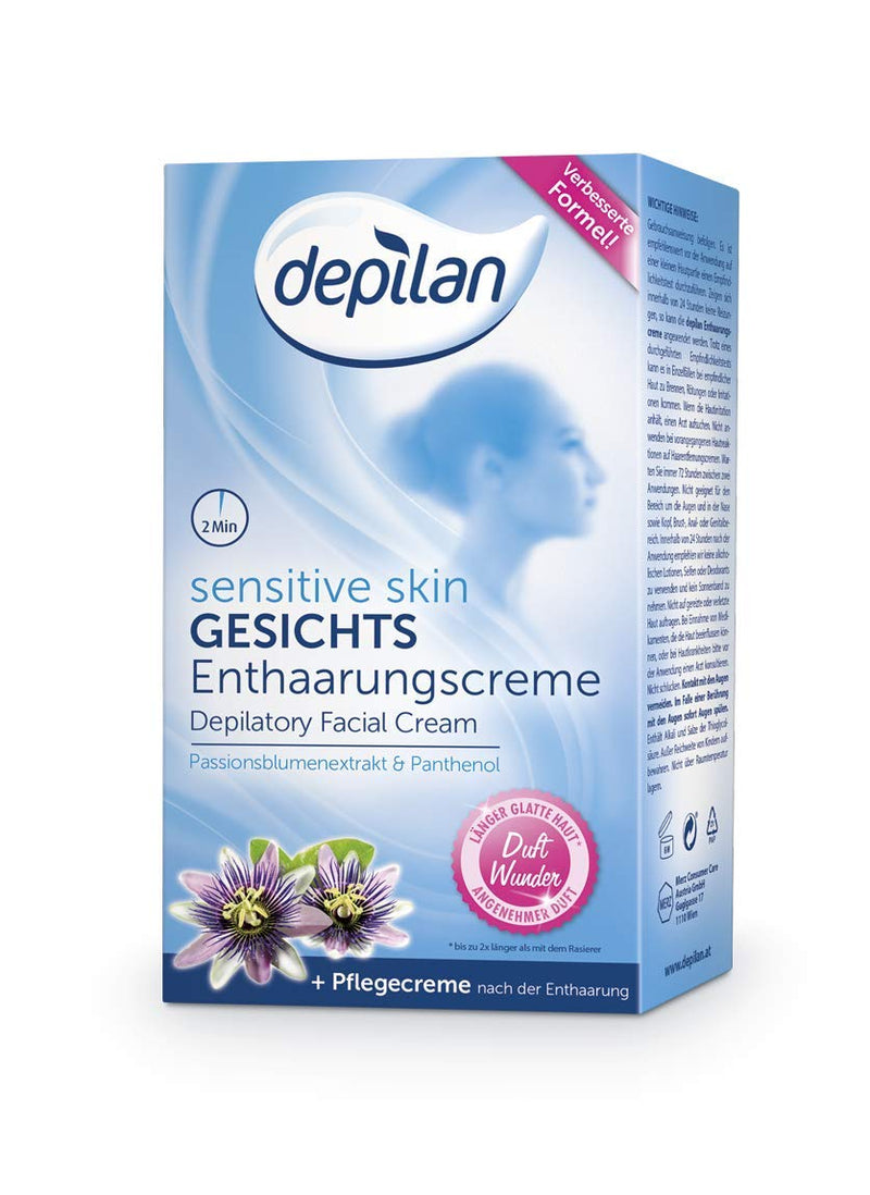 Depilan Sensitive Facial Hair Removal Cream - Removes Facial Hair Gently & Reliably, For Upper Lip, Chin, Cheek & Nose Root - 1 Pack Of 50 Ml + 30 Ml Care Cream + Sponge - NewNest Australia