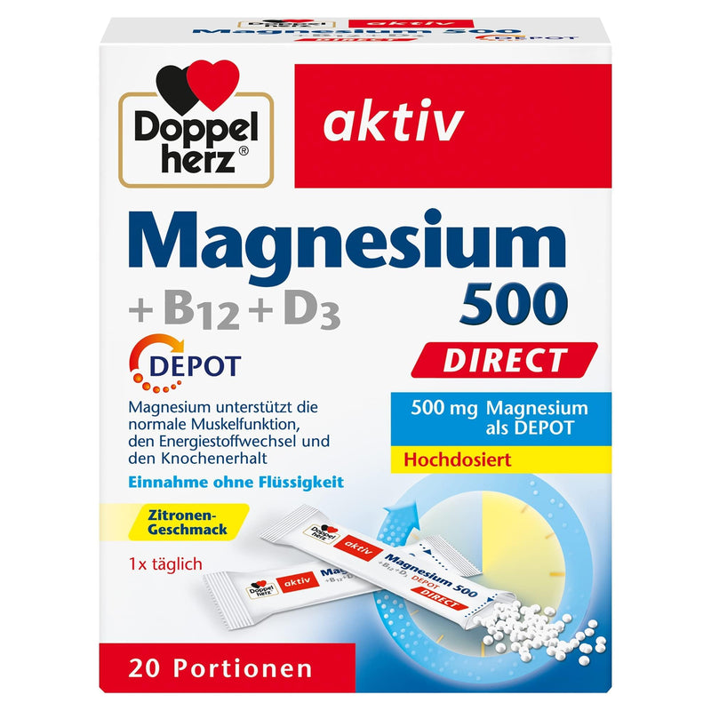 Doppelherz Magnesium 500 + B12 + D3 DIRECT with DEPOT function - Magnesium as a contribution to the normal function of the muscles and the nervous system - 20 portions of micro pellets - NewNest Australia