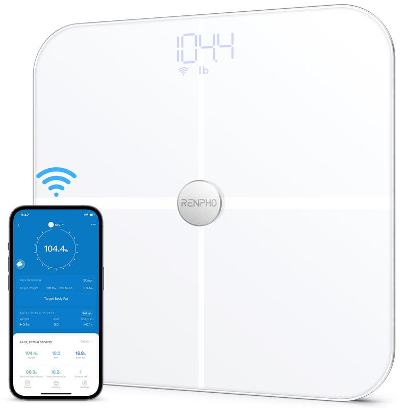 RENPHO WLAN smart scales with body fat scales, Bluetooth personal scales, measurement of body fat, muscle mass, BMI, water percentage and 13 body values, app sync via Bluetooth or WiFi 11"/280mm white - NewNest Australia