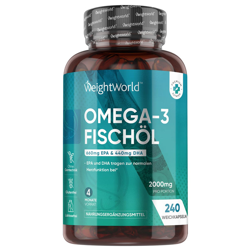 Omega 3 Capsules - 2000 Mg Fish Oil Per Capsule - 240 Pieces - 1100 Mg Omega 3, 660 Mg Epa & 440 Mg Dha Fatty Acids Per Serving - Sustainable, Pure & No Additives - Heart Function & Blood Pressure - Weightworld - NewNest Australia