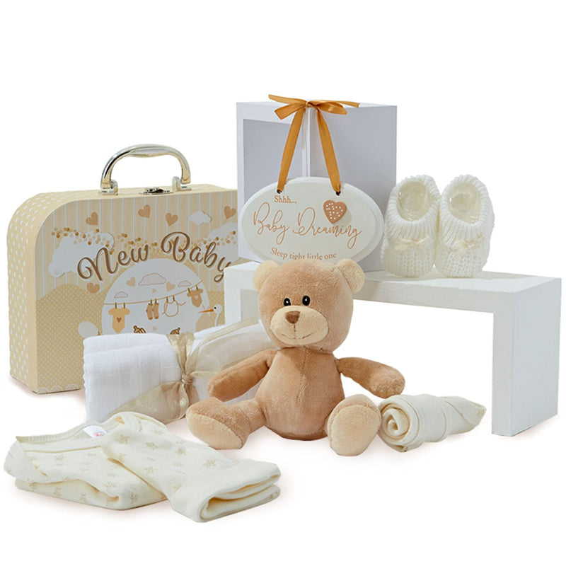 Baby Gift Set For Newborns - Hand Wrapped Unisex Baby Gift - Baby Gift Set With Suitcase, Teddy Bear, Knitted Baby Shoes, Bib, Hat, Muslin Diaper And Hanging Tag Cream - NewNest Australia