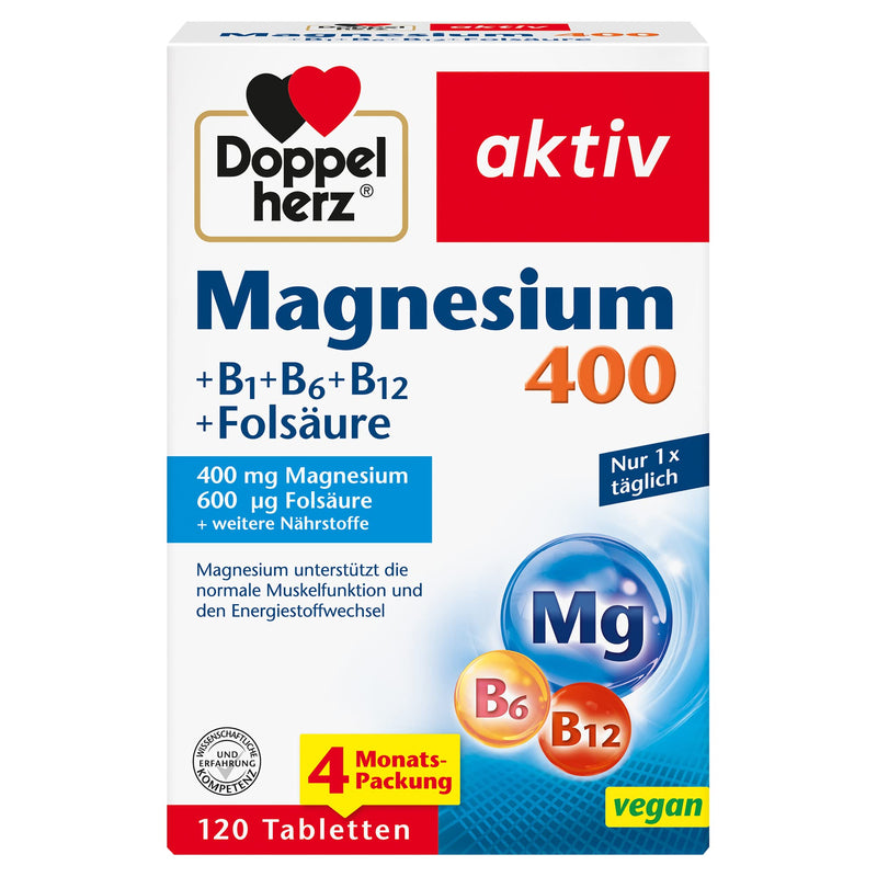 Doppelherz Magnesium 400 + B1 + B6 + B12 + Folic Acid - Magnesium Supports Normal Muscle Function And Energy Metabolism - 120 Vegan Tablets 120 Pieces (Pack Of 1) - NewNest Australia