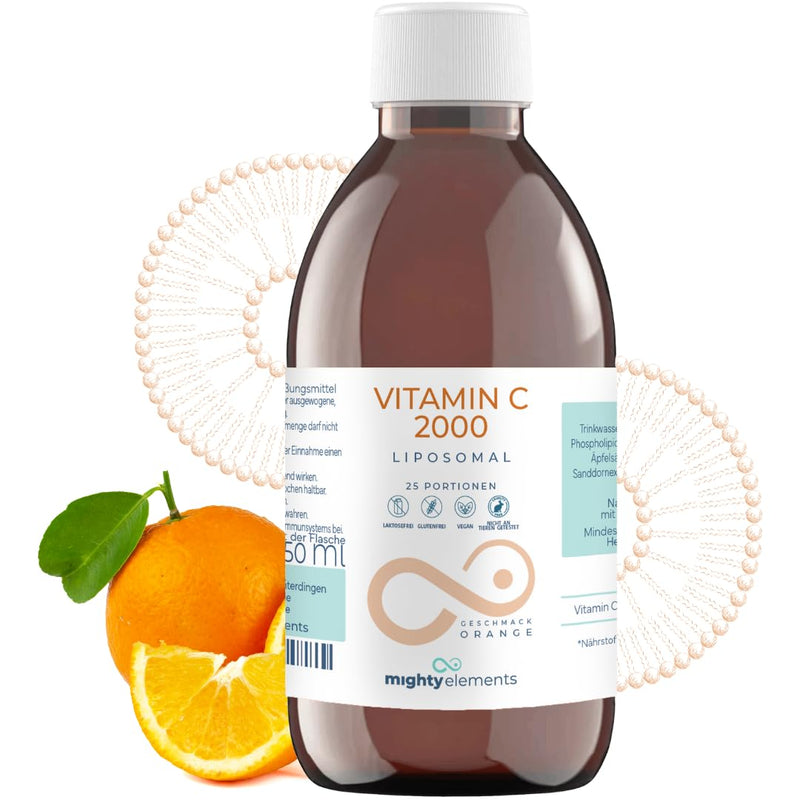 Mighty Elements Liposomal Vitamin C 2000 mg high dose, orange flavor, immune system, vegan, gluten-free & lactose-free, liquid 250 ml, glass bottle - NewNest Australia