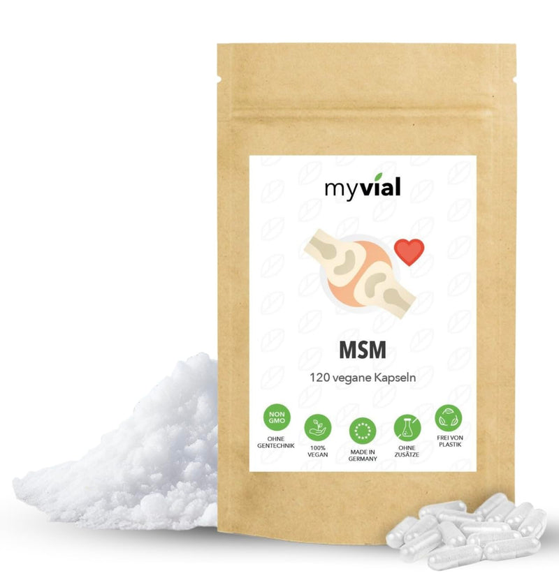 myvial® MSM capsules high dosage 120 pieces - 800mg methylsulfonylmethane per daily dose - dietary supplement vegan without additives packed in plastic-free - NewNest Australia