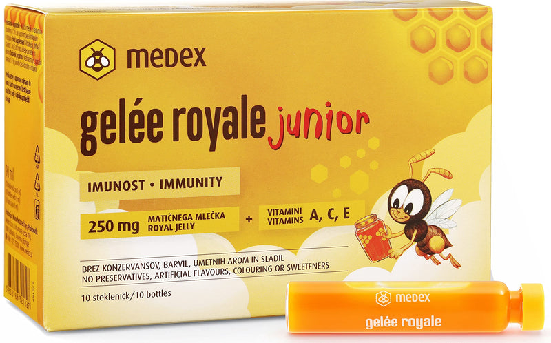 Medex Royal Jelly Junior, Fresh Royal Jelly 250 Mg, With Natural Vitamins A, C, E, Excellent Taste, Without Sweeteners, For Children From 3+, Liquid In Ampoules 10 X 9 Ml - NewNest Australia