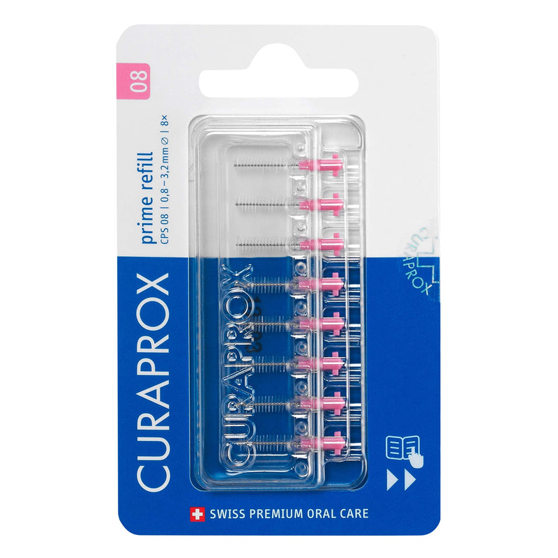 Curaprox interdental brushes CPS 08 prime, refill, 8 pieces, pink, 0.8 mm diameter, 3.2 mm effectiveness, refill pack, without holder - NewNest Australia