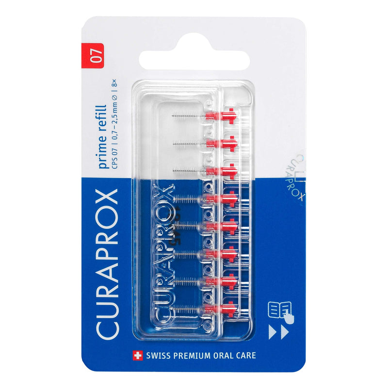 Curaprox interdental brushes CPS 07 prime, refill, 8 pieces, 0.7 mm diameter, 2.5 mm effectiveness, red, refill pack, without holder 8 pieces (pack of 1) - NewNest Australia