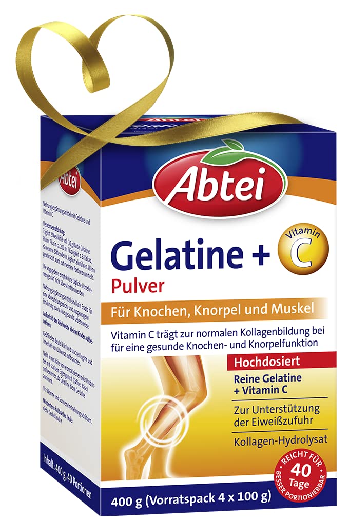 Abtei Gelatine Powder Plus - pure gelatin and vitamin C for bones, cartilage and muscles - laboratory tested and high dosage - 400 g (4 x 100 g) - supply pack for 40 days 40 portions (pack of 1) - NewNest Australia