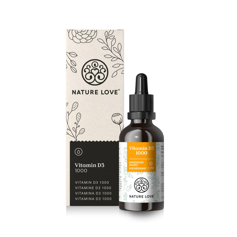NATURE LOVE® Vitamin D3 1000 (50ml liquid) - laboratory tested 1000 IU per drop - in MCT oil from coconut - high dose of vitamin D - highly bioavailable, very high stability and without unnecessary additives - NewNest Australia