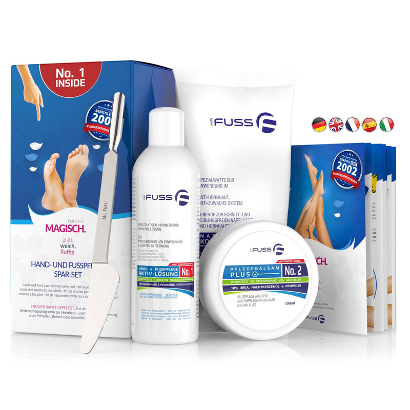 Mr. Fuss® No. 1 - Advanced Pack Multi - Small, Cuticle Callus Remover Economy Pack 4 Pieces Active Solution Quick & Strong Softening - 200 ml, Balm No. 2-100 ml, cotton wool, multitool - NewNest Australia