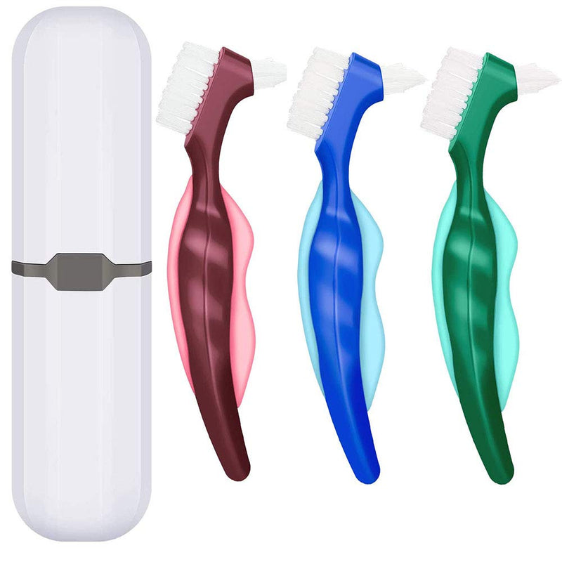 Pack Of 3 Denture Brush, Denture Brush With Portable White Carry Bag, Multi-Layer Bristles, Double Angled Brush Heads, Ergonomic Handle, For Denture Care (3 Colors) - NewNest Australia