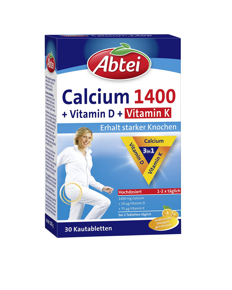 Abtei Calcium 1400 + D + K - High Dose - With Vitamin D And Vitamin K - For Maintaining Healthy Bones And Muscle Function - Orange Flavor, 30 Chewable Tablets - NewNest Australia
