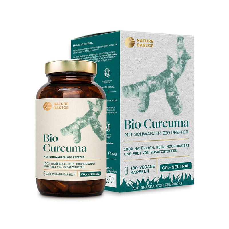 Nature Basics Organic Curcuma Capsules With Black Pepper | Certified & Sustainable In A Glass | Organic Turmeric Capsules 4575Mg / 228Mg Curcumin & 15Mg Piperine | Vegan, Laboratory Tested, From De & Co2 Neutral - NewNest Australia