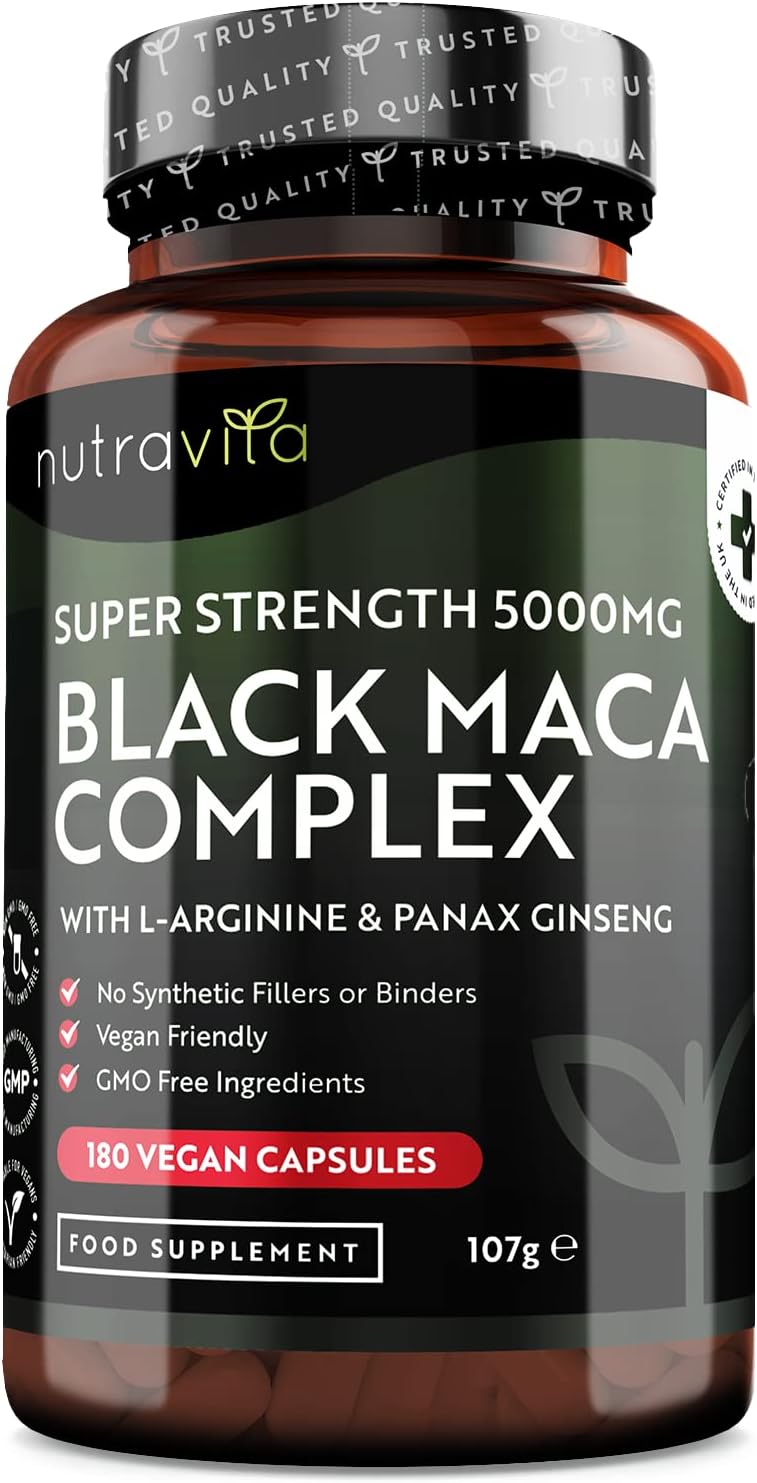 Black Maca Complex - High Dose with 5,000 mg - 180 Vegan Capsules - With Natural Vitamin C (Acerola) - Laboratory Tested in Germany - No Additives and GMO Free - 6 Month Supply - NewNest Australia