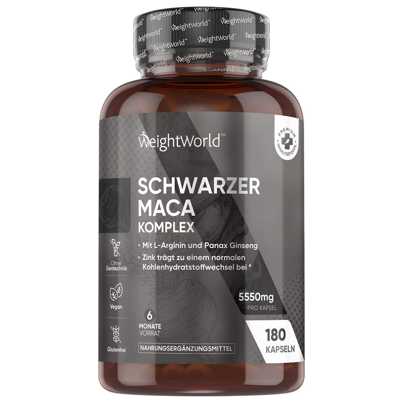Maca Black 5000 mg - 180 Vegan Maca Capsules - Black Maca Complex with Panax Ginseng, L-Arginine, Black Pepper & Zinc - 6 Months Supply - Maca Root Extract 100:1 - Peruvian Ginseng - NewNest Australia