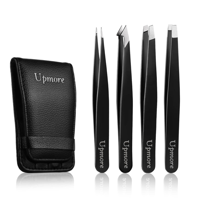 Upmore 4 x Tweezers Set Stainless Steel - Black Eyebrow Tweezers Set Scissors Tweezers Straight Slanted Pointed Tweezers for Men and Women - NewNest Australia