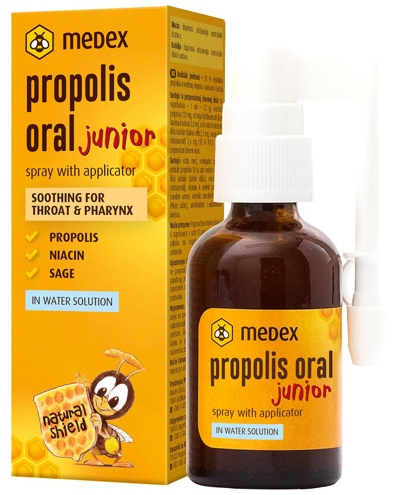 Medex Propolis Oral Junior, Mouth And Throat Spray, Water-Based, Without Alcohol; With Added Honey, Sage, Niacin, Spruce Tips, With Applicator, For Children From 3 Years, 30 Ml - NewNest Australia