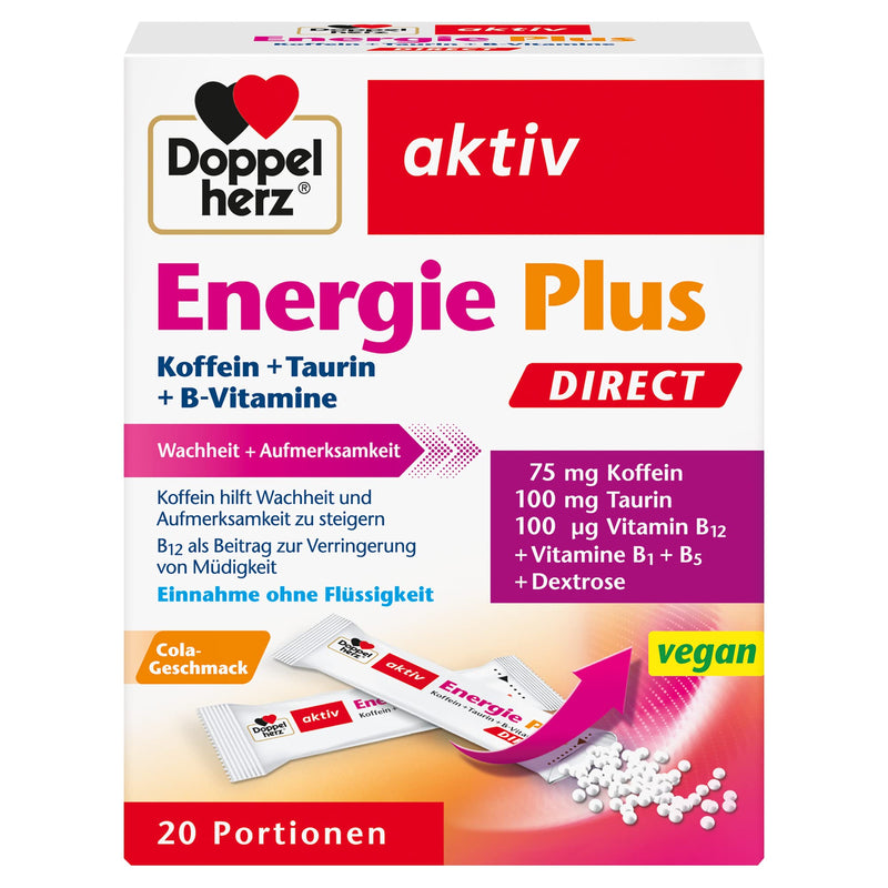 Doppelherz Energy Plus Caffeine + Taurine + B Vitamins DIRECT - With vitamin B1, B5 (pantothenic acid) and B12 as a contribution to energy metabolism - 20 sachets - NewNest Australia