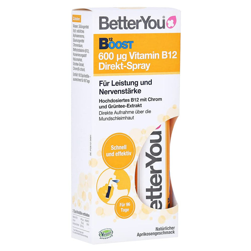 BetterYou Vitamin B12 Direct Spray - For spraying on the oral mucosa - Natural high-dose vitamin B12 with chromium and green tea extract - Fast & effective - vegan, 25ml - NewNest Australia