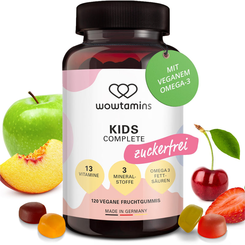 wowtamins KIDS Complete sugar-free, delicious multivitamin as fruit gums with Omega 3s for children (120 pieces) - vitamin C, D3, K2, B12, zinc & more (sugar-free, pack of 1) 120 pieces (pack of 1) - NewNest Australia