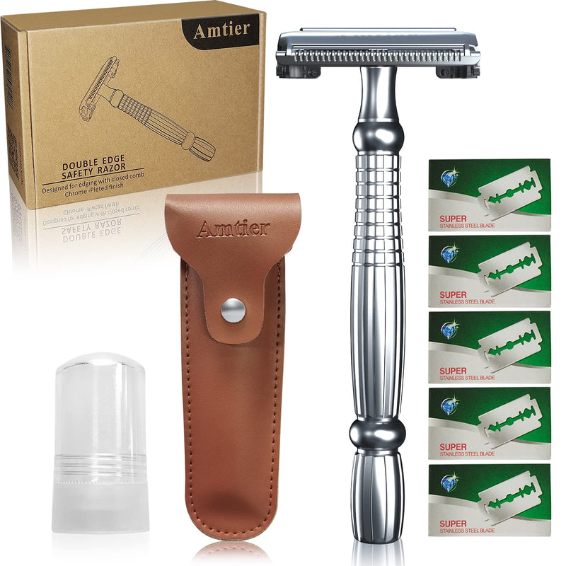 Amtier Men'S Safety Razor Set - Includes 5 Japanese Blades - Aftershave Blood Silent Alum Stone - Travel Case For Razor Portable Leather Razor Protective Case - NewNest Australia