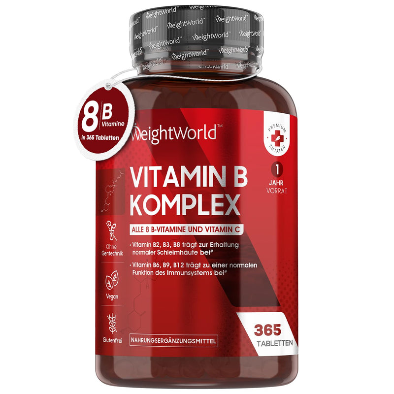 Vitamin B Complex With 8 B Vitamins - B1 B2 B3 B5 B6 B9 B12 Per Tablet - 365 Vegan Tablets (1 Year Supply) - Vitamin C, 150¬µg Biotin, 200¬µg Folic Acid - Well Tolerated & Bioavailable - Weightworld - NewNest Australia