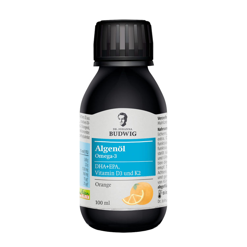 Dr. Budwig Omega 3 Algae Oil Orange (100 ml) high dosage, rich in DHA, EPA, vitamin D3 and K2, with a fruity orange flavor, vegan and vegetarian - NewNest Australia