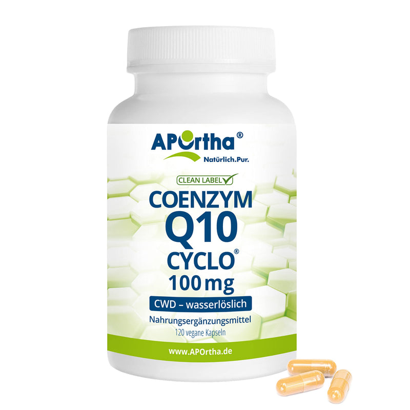 APOrtha® Coenzyme Q10 CWD 100 mg - 120 vegan capsules, CoQ10 capsules high dose 100 mg, high bioavailability thanks to water-soluble ubiquinone, daily dose 1 capsule - NewNest Australia