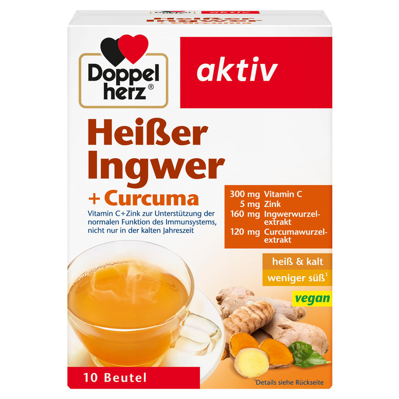 Doppelherz Hot Ginger + Curcuma - Vitamin C and zinc contribute to the normal function of the immune system - 10 vegan portions 10 bags (pack of 10) - NewNest Australia