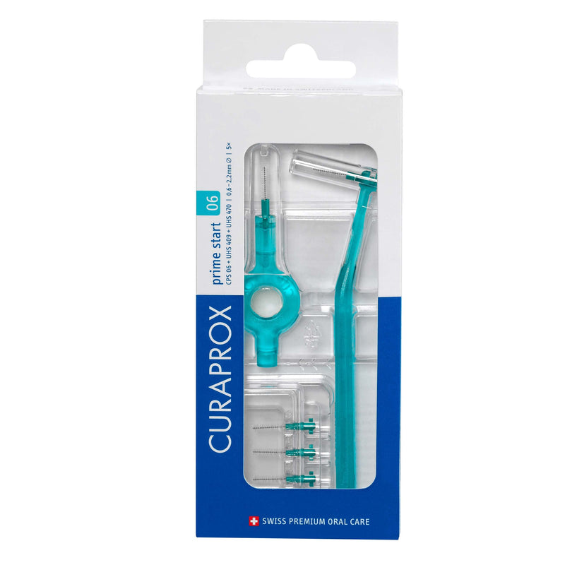 Curaprox interdental brush set CPS 06 prime start, starter set with 5 brushes, 2 different holders, turquoise, 0.6 mm diameter, 2.2 mm effectiveness 1 piece (pack of 1) - NewNest Australia