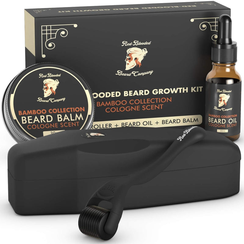 Red-Blooded Beard Growth Kit - Beard Roller + Beard Oil + Beard Balm - Stimulate Beard and Hair Growth Scented Beard Care Gift for Men - 0.5mm Dermaroller for Hair, Beard Regrowth - NewNest Australia
