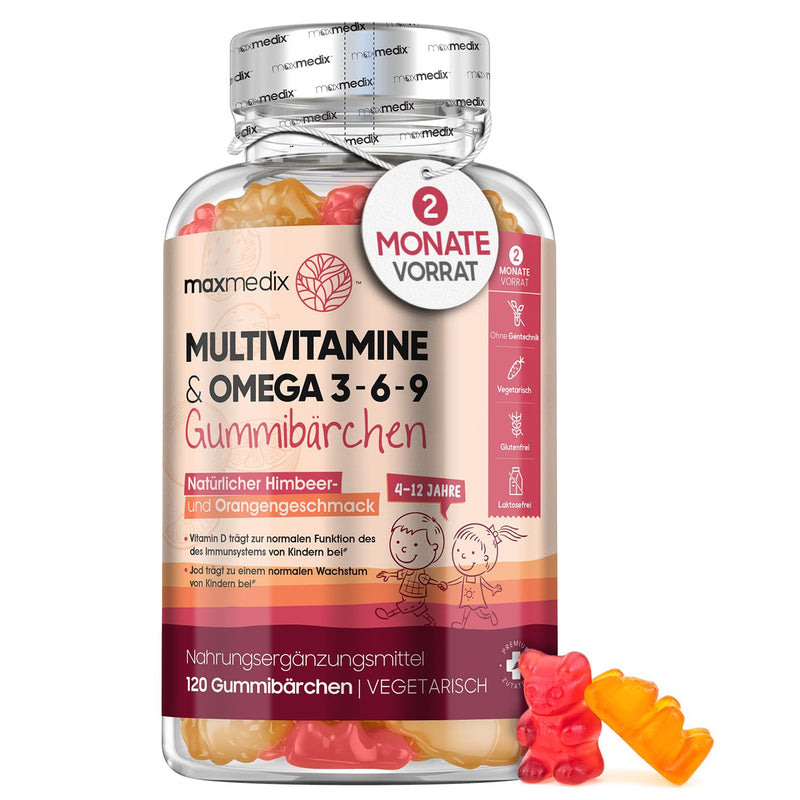 Maxmedix Multivitamin Gummy Bears For Children - With Omega 3, 6, 9, Iodine & Zinc - 120 Vitamin Gummies - Vitamin C, D3, B - Vegetarian & Tested Ingredients - No Gelatin & Additives - NewNest Australia