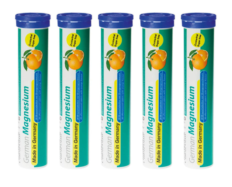Magnesium effervescent tablets 5x20 pieces. Orange flavor - 200 mg magnesium sugar-free - T&D Pharma German Magnesium - Made in Germany 20 pieces (pack of 5) - NewNest Australia