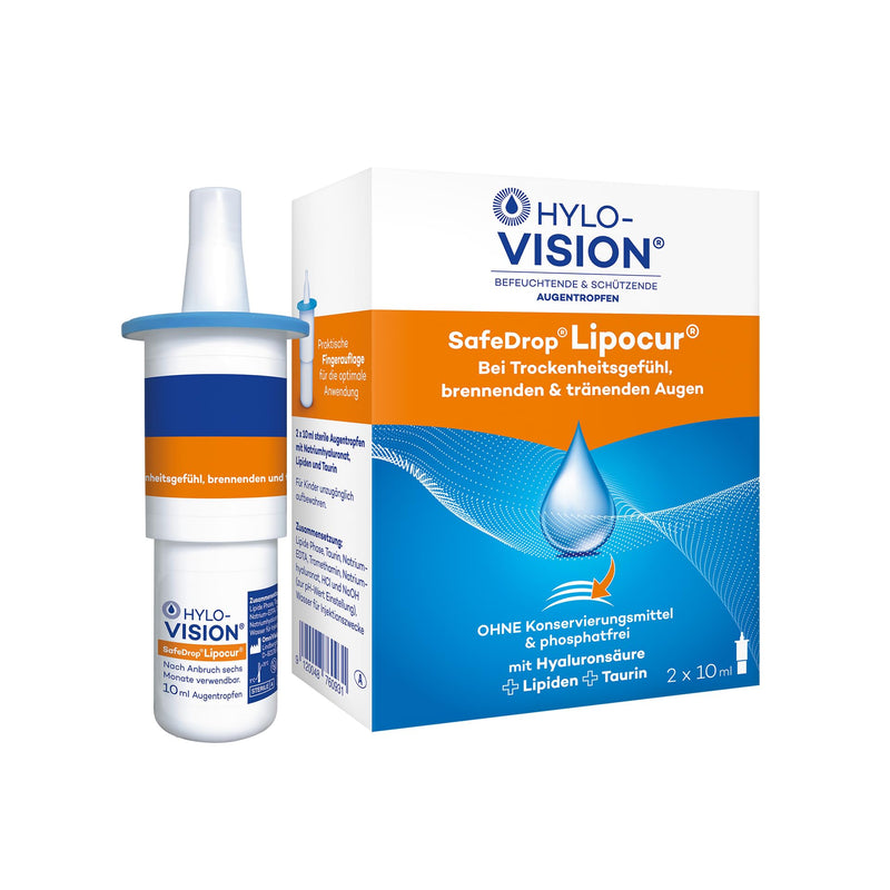 Hylo-Vision SafeDrop Lipocur eye drops - 3-fold protection & relief for dryness, burning, watery eyes & lipid deficiency, preservative-free, suitable for contact lenses, 2x10 ml - NewNest Australia