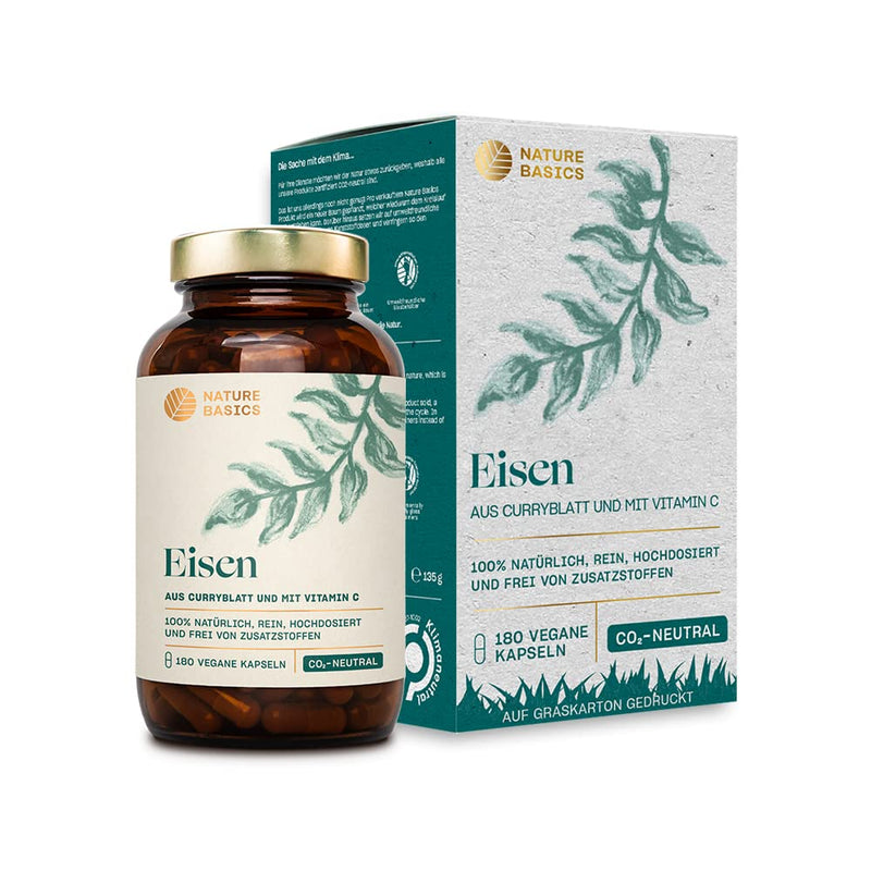 Nature Basics® natural iron certified & sustainable in a glass | 180 capsules high dose | 14mg iron & 80mg vitamin C per capsule | purely from curry leaf & rose hip | without additives & from DE - NewNest Australia