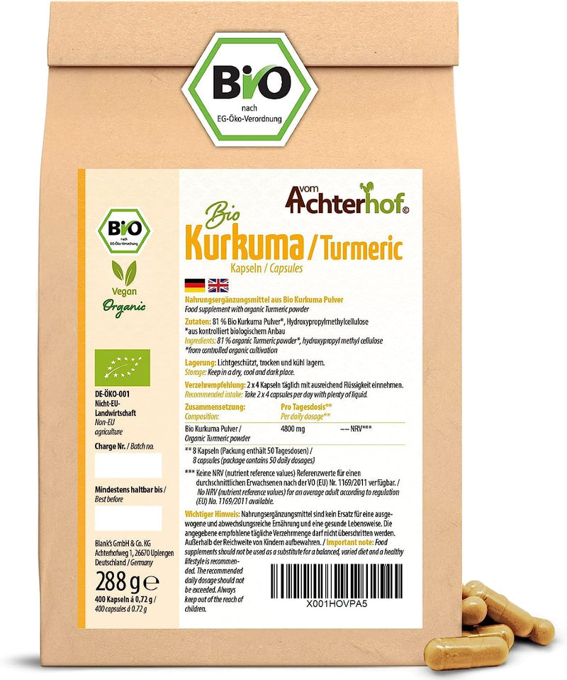 Turmeric capsules organic refill pack | 400 pieces | 4800mg turmeric per daily dose | freshly ground turmeric root in organic quality | vegan capsule shell | from the Achterhof 400 pieces (pack of 1) - NewNest Australia