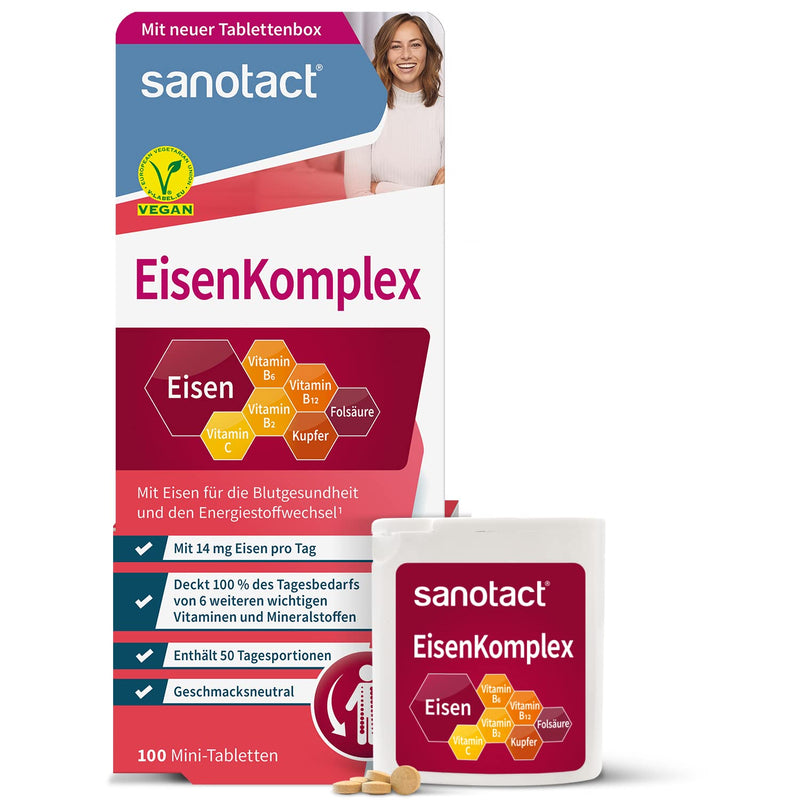 sanotact iron complex mini tablets • 100 mini iron tablets vegan • With high doses of iron, copper, folic acid, vitamin C, B2, B6, B12 • Immediate effect for iron deficiency 50 portions (pack of 100) - NewNest Australia