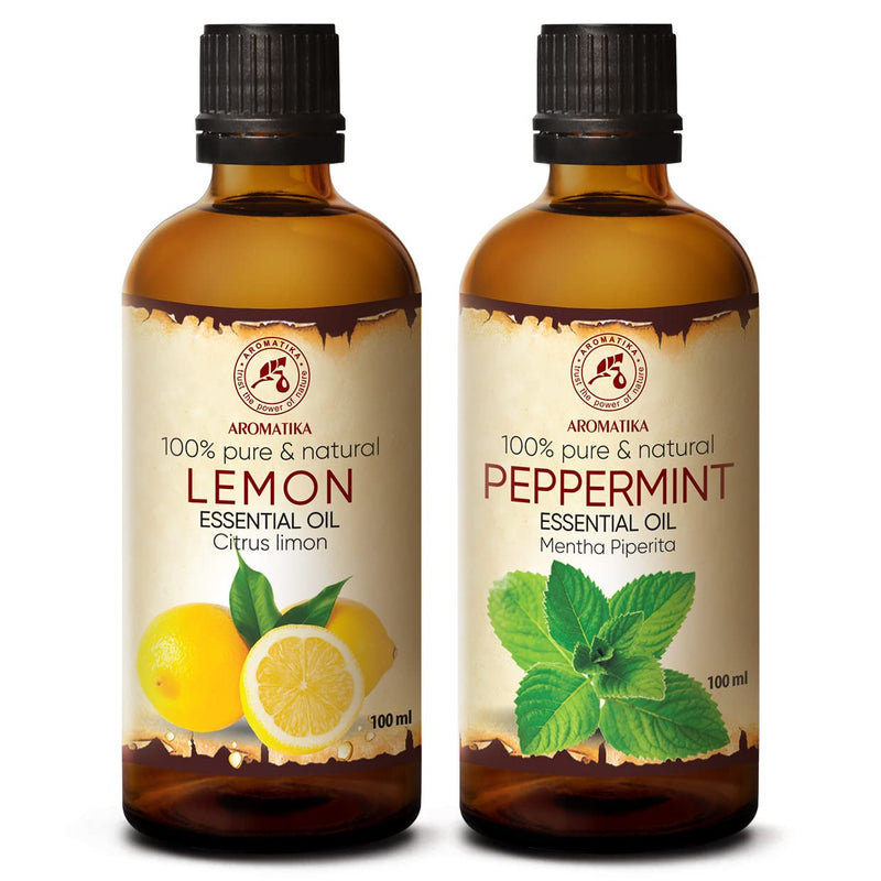Peppermint Oil 100 Ml & Lemon Oil 100 Ml - Mentha Piperita - Citrus Lime - Pure Fragrance Oils Gift Set For Humidifier - Hair & Skin Care - Aromatherapy - Oil Burner - Diffuser - NewNest Australia