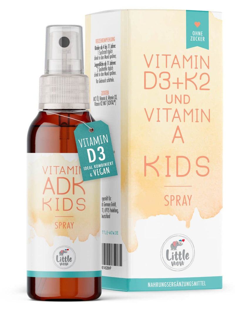 Little Wow Vitamin D3 K2 Spray + Vitamin A for Children Vegan I Immune System Vitamins for Children 180 sprays for up to 6 months I 500 IU vitamin D3 & 11.25 µg vitamin K2 per spray - NewNest Australia