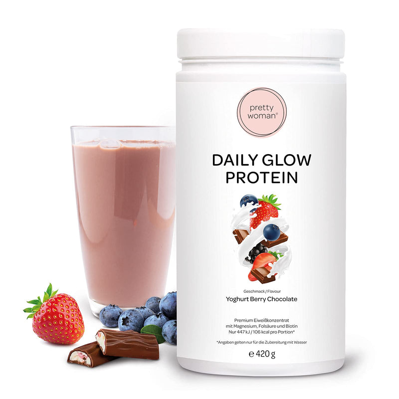 Pretty Woman Daily Glow Protein Powder For Women "Yoghurt Berry Chocolate" 420 G / Low Carb Shake With Vitamins & Minerals, Biotin & Folic Acid - Only 0.5 G Sugar Per Serving - NewNest Australia