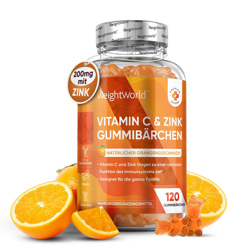 Vitamin C gummy bears - 200mg with zinc For adults & children - immune system & collagen formation - 120 vegan fruit gums without gelatin - 6mg zinc citrate with orange flavor - from Weightworld Vitamin C gummy bears - NewNest Australia