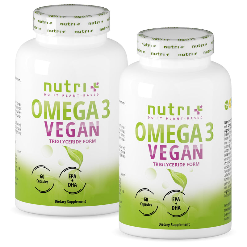 Nutri + Vegan Omega-3 from algae oil - 2000 mg algae oil high dosage with 600 mg DHA & 300 mg EPA - high-quality Omega-3 algae oil capsules (vegan) - laboratory tested - 120 capsules 120 pieces (pack of 1) - NewNest Australia