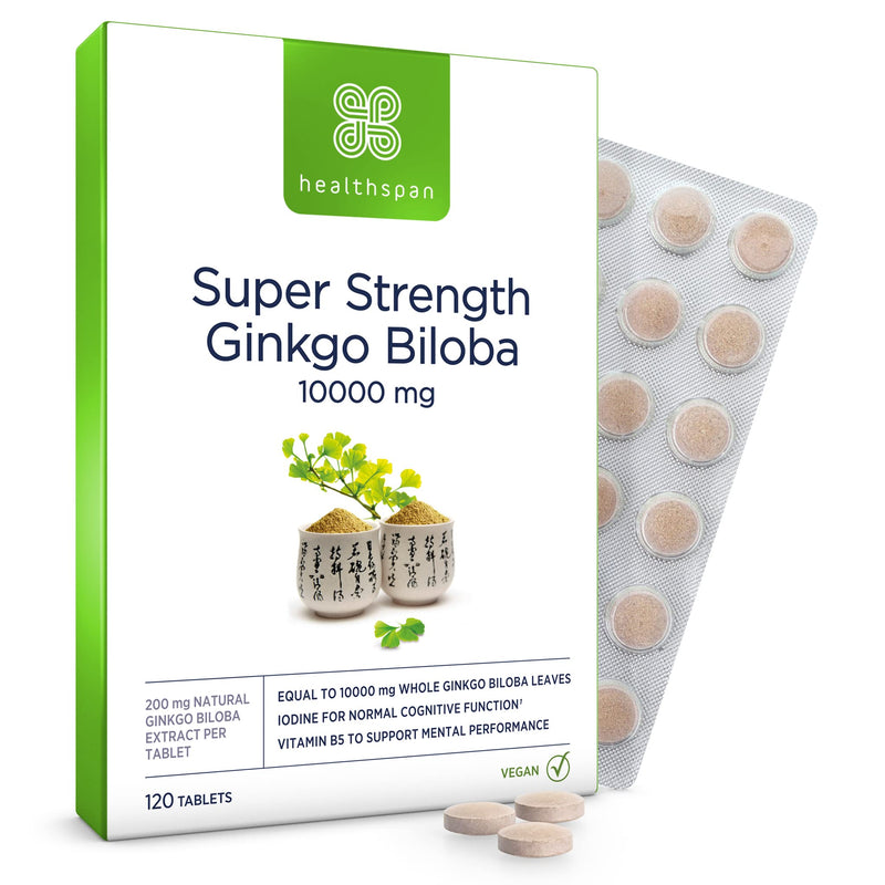 Healthspan Ginkgo Biloba 10,000 Mg | 120 Tablets | Iodine And Vitamin B5 | Reduces Fatigue | Strengthens Cognitive Function & Mental Performance | Rich Source Of Flavone Glycosides | Vegan - NewNest Australia