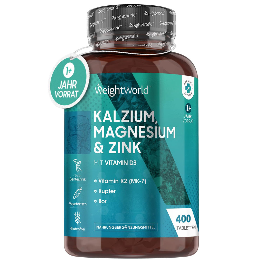 Calcium, Magnesium & Zinc - 400 Tablets With Vitamin D3, K2, Selenium, Manganese, Boron - Tested & Natural Ingredients - Vitamins & Minerals - 500Mg Calcium - Electrolyte Balance - Weightworld - NewNest Australia