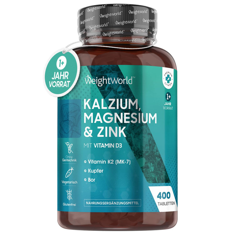 Calcium, Magnesium & Zinc - 400 Tablets With Vitamin D3, K2, Selenium, Manganese, Boron - Tested & Natural Ingredients - Vitamins & Minerals - 500Mg Calcium - Electrolyte Balance - Weightworld - NewNest Australia