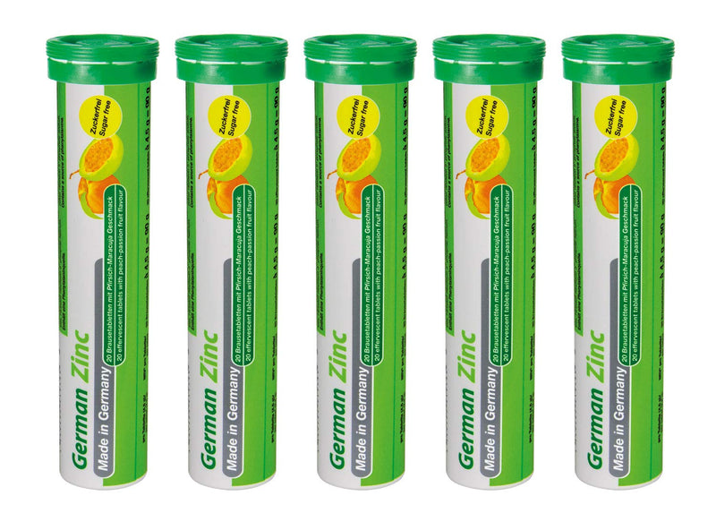 Zinc effervescent tablets 5x20 pieces. Peach-passion fruit flavor - 5 mg zinc sugar-free - T&D Pharma German Zinc - Made in Germany 20 pieces (pack of 5) - NewNest Australia