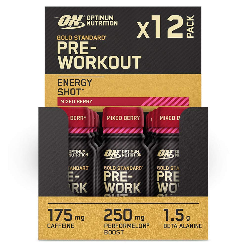 Optimum Nutrition Gold Standard Pre-Workout Energy Shot, ready to drink with beta alanine, caffeine, PerforMelon Boost and vitamins B6 and B12, mixed berry flavor, pack of 12, 12 x 60 ml Mixed Berry - NewNest Australia