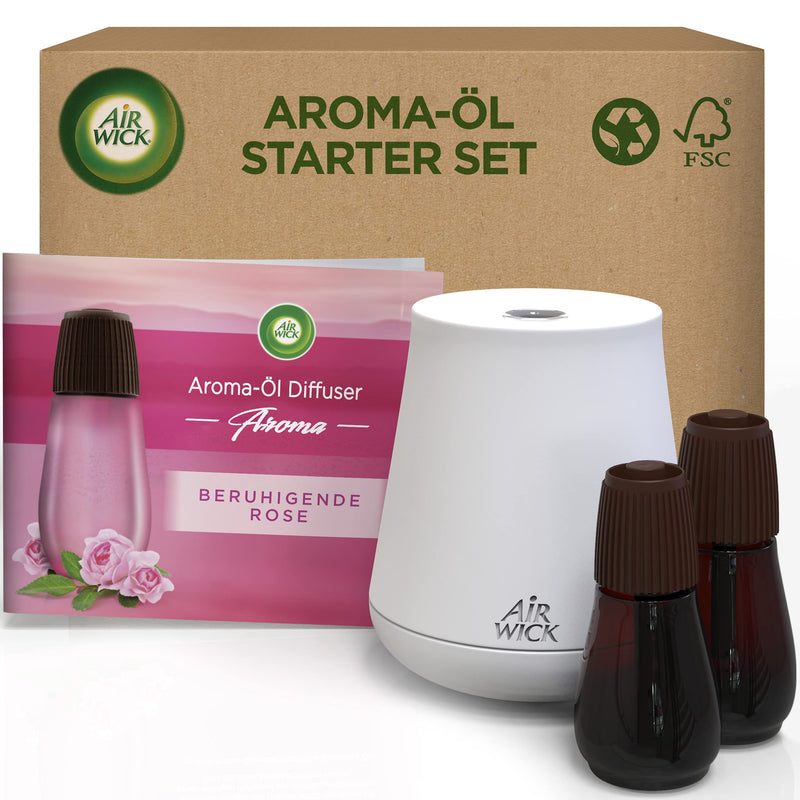 Air Wick aroma oil bottle starter set - diffuser with 2 refills - aromatherapy - scent: soothing rose - floral room fragrance with essential oils - 2 x 20 ml oil + device in white starter set soothing rose 3-piece set - NewNest Australia