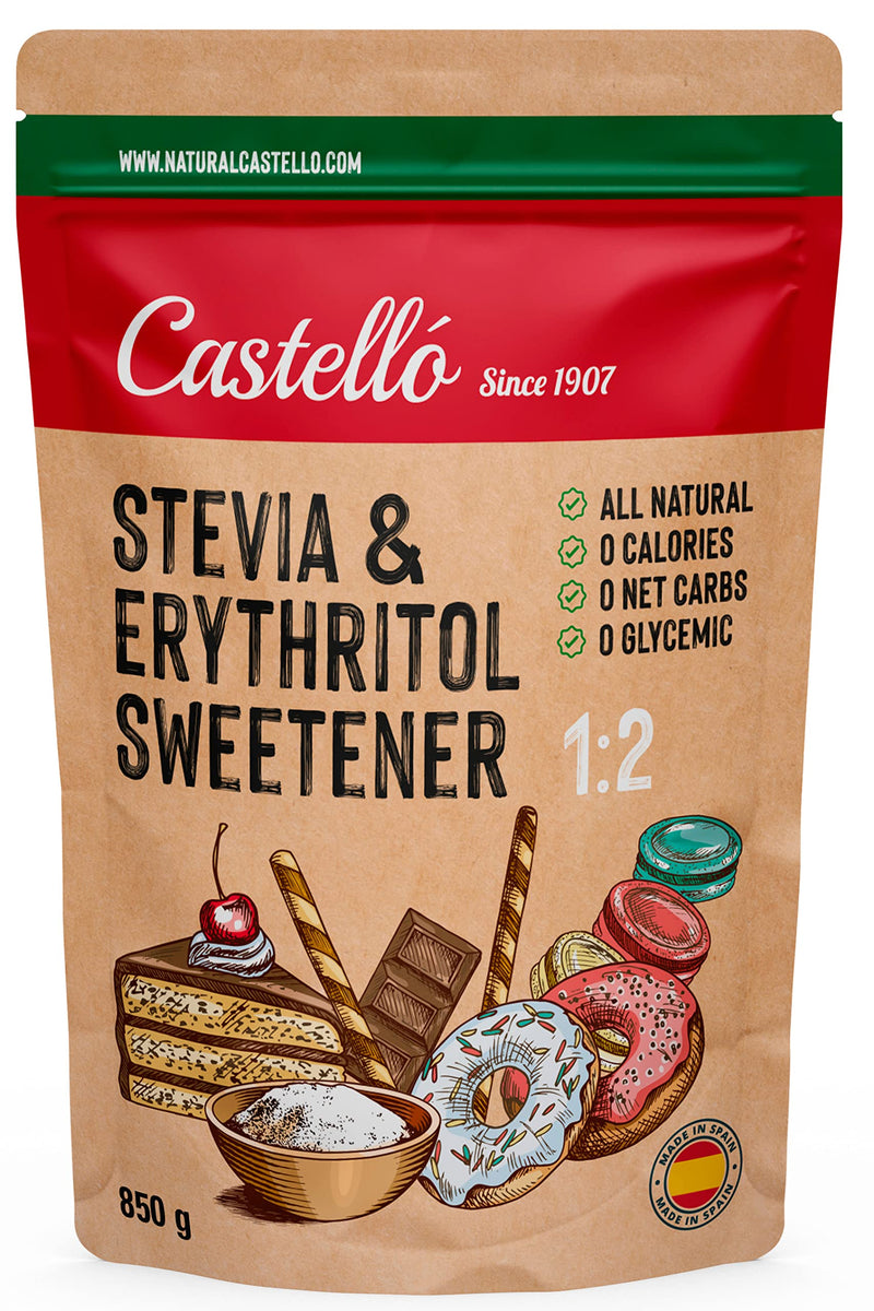 Stevia + Erythritol 1:2 Sweetener | 1G = 2G Sugar | 100% Natural Sugar Substitute - 0 Calories - 0 Glycemic Index - Keto And Paleo - 0 Net Carbs - No Gmo - Castello Since 1907 - 850 G - NewNest Australia