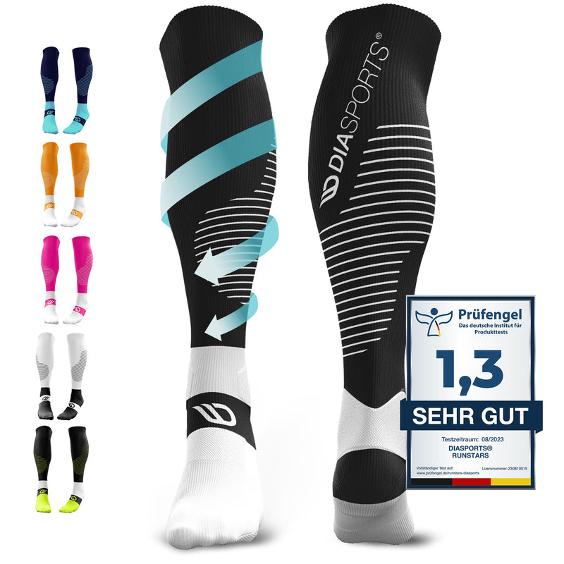 Diasports RUNSTARS compression socks for sports, running, marathon and triathlon | RUNSTARS premium compression socks with even compression and reinforced heel for women and men black/white M - NewNest Australia
